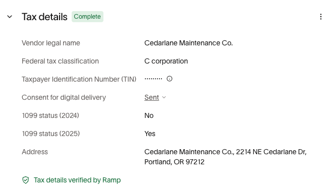 Vendor tax details panel showing legal name, TIN, classification, and 1099 status