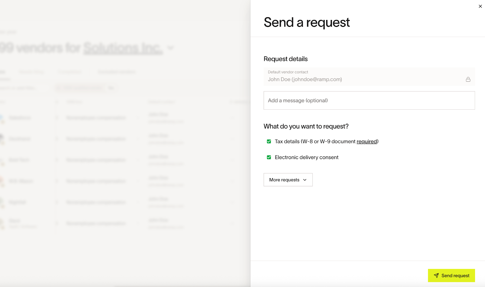 Send a request dialog for tax details and electronic delivery consent