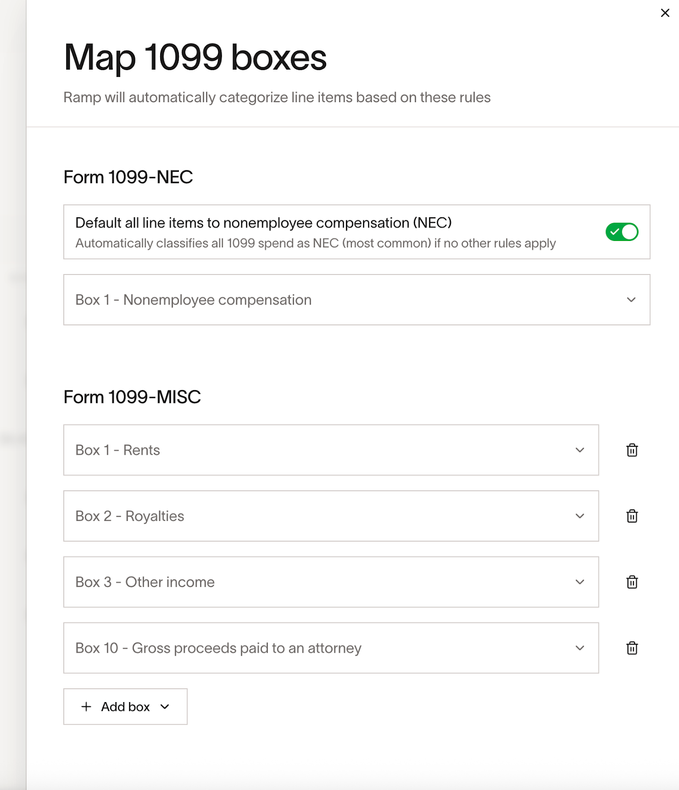 Map 1099 boxes dialog with NEC and MISC box configurations