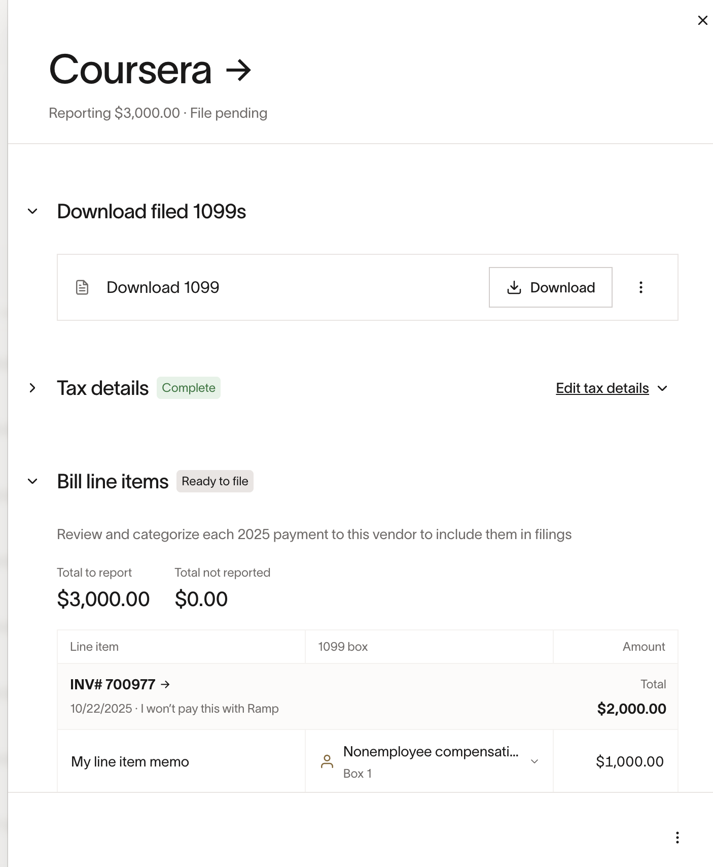 Filed vendor detail with download 1099 option and bill line items