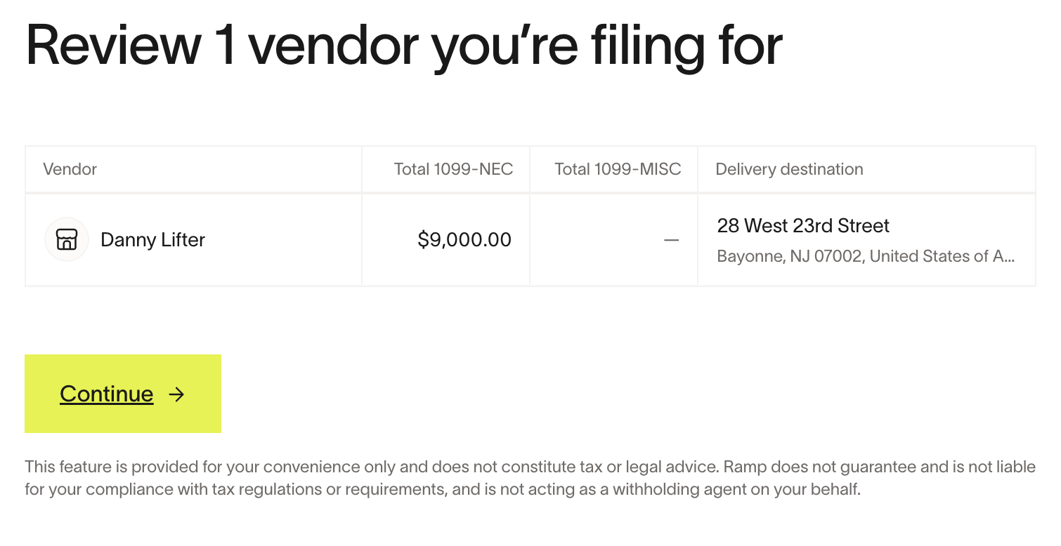 Review filing batch showing vendor, NEC and MISC totals, and delivery destination