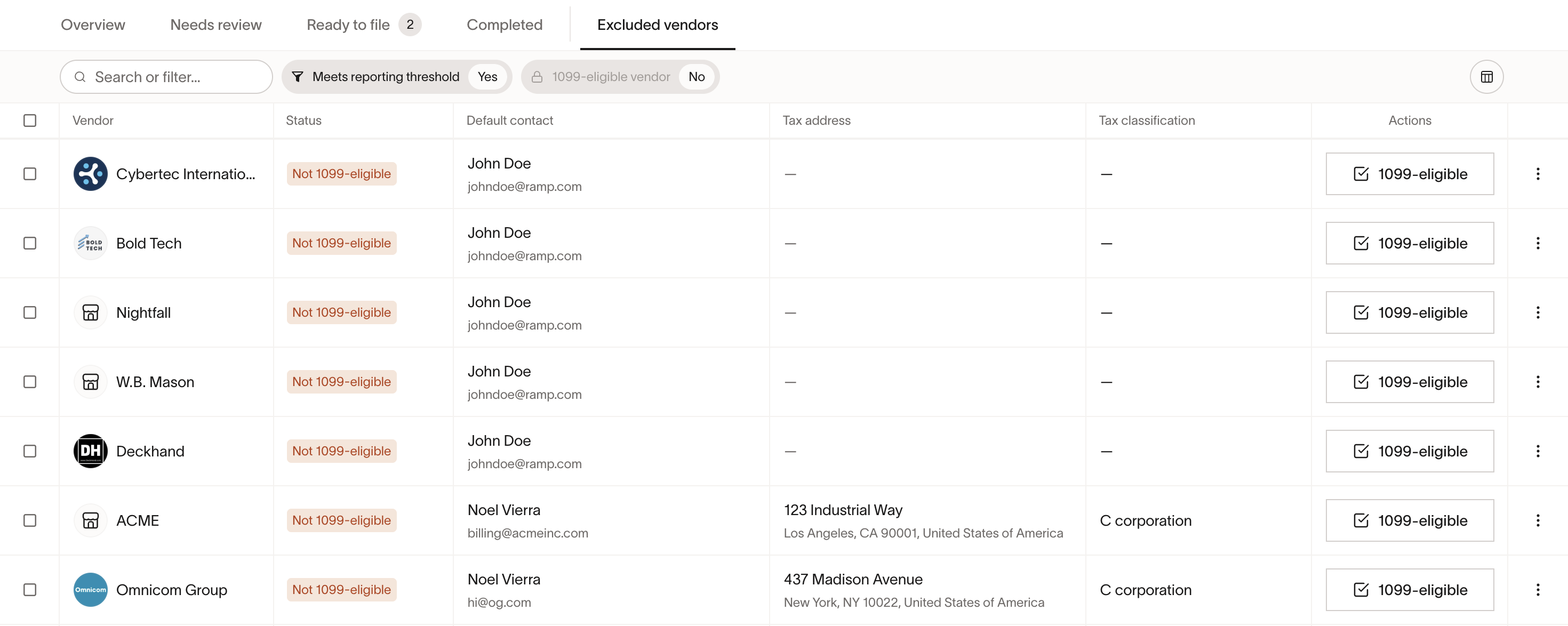 1099 Excluded vendors tab listing non-eligible vendors with option to mark as 1099-eligible
