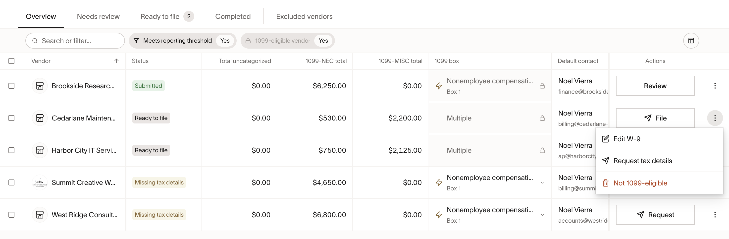 1099 vendor table with context menu showing Edit W-9, Request tax details, and Not 1099-eligible options