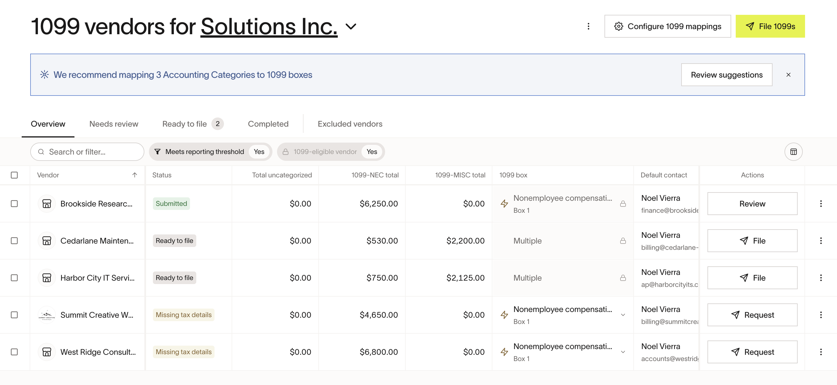 1099 vendor dashboard showing Overview tab with vendor statuses and filing actions
