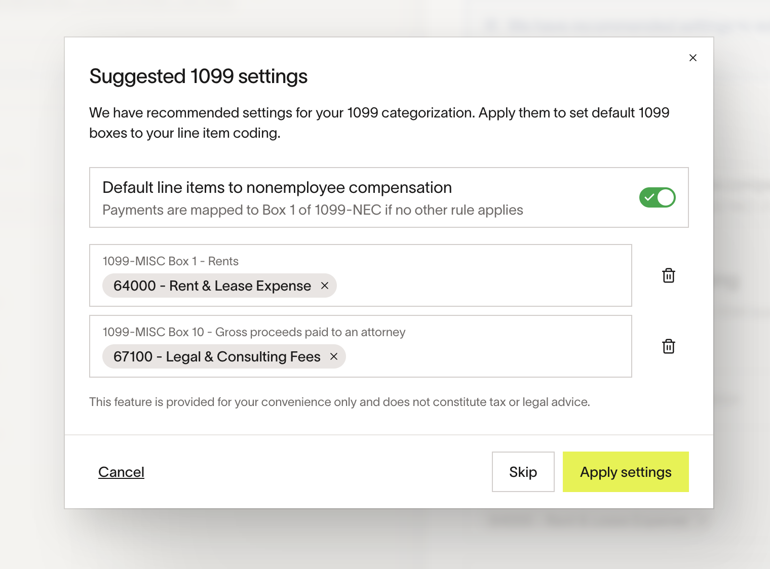 Suggested 1099 settings dialog with default NEC mapping and MISC box rules