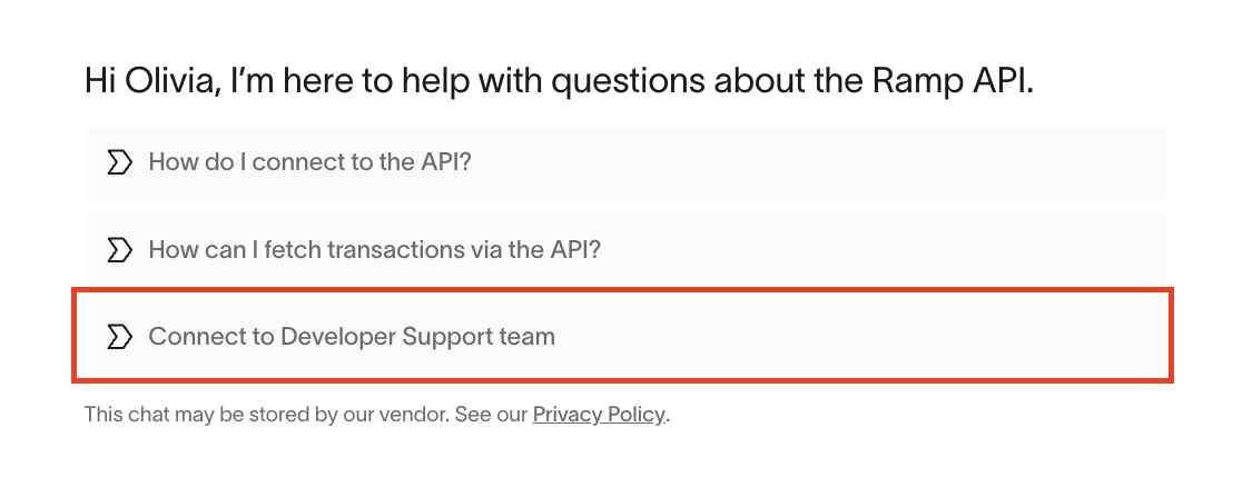 Chat window with Connect to Developer Support team option highlighted