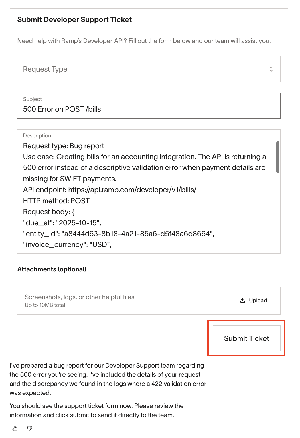 AI assistant chat with pre-filled support ticket form