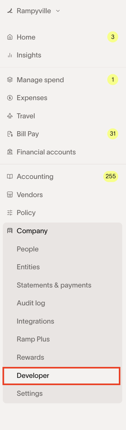 Ramp left sidebar with Developer option highlighted under Company