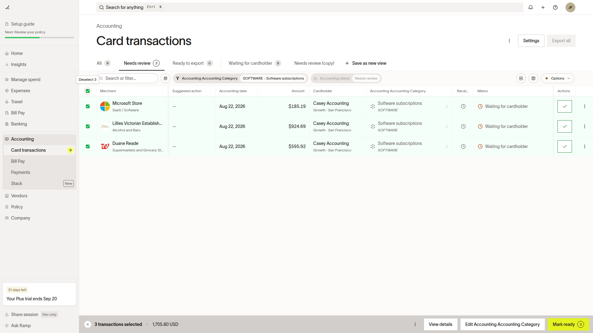 Selected transactions and the bulk action bar