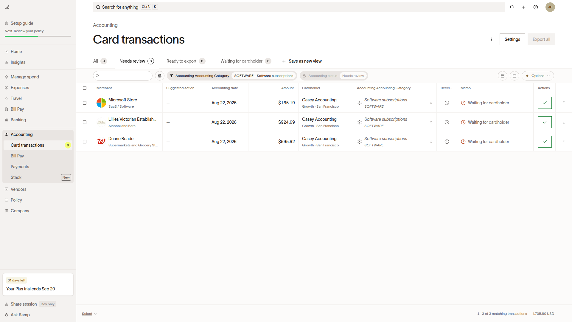 Accounting field filter applied to the Accounting tab transaction table