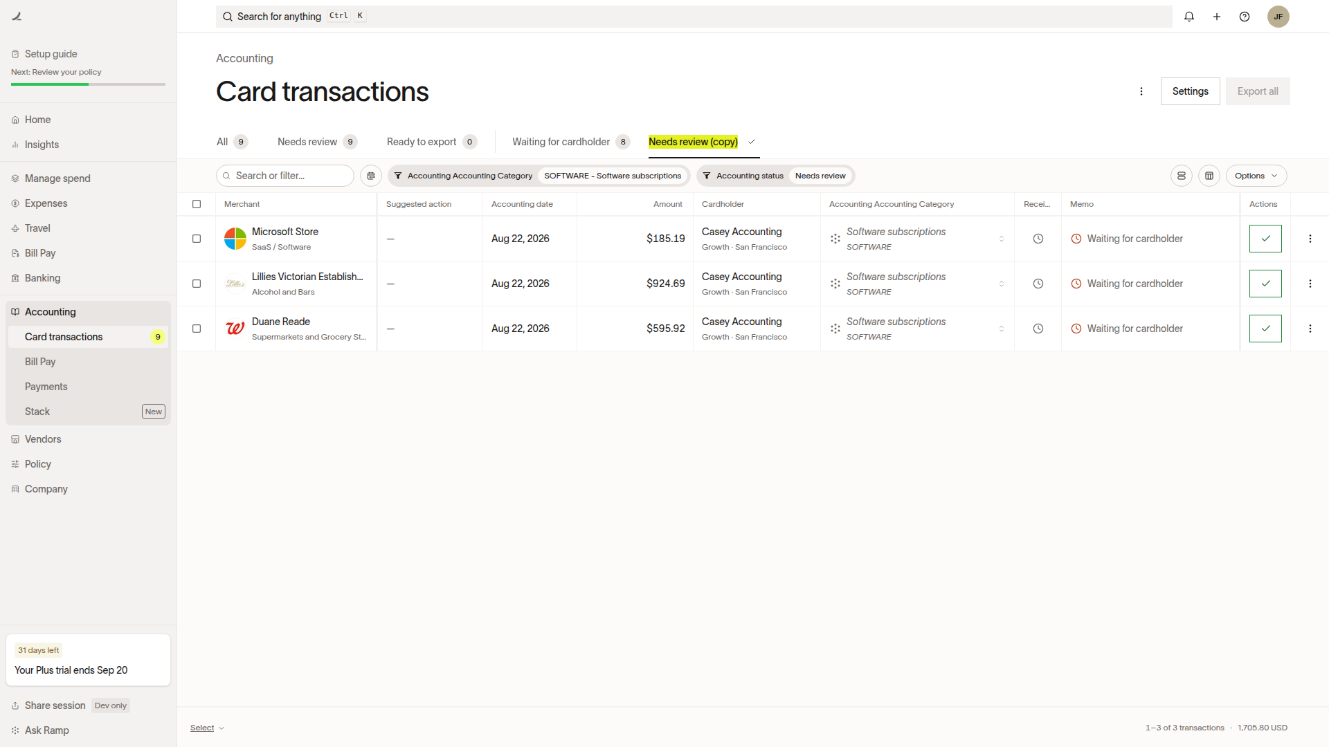Saved filtered view in the Accounting tab