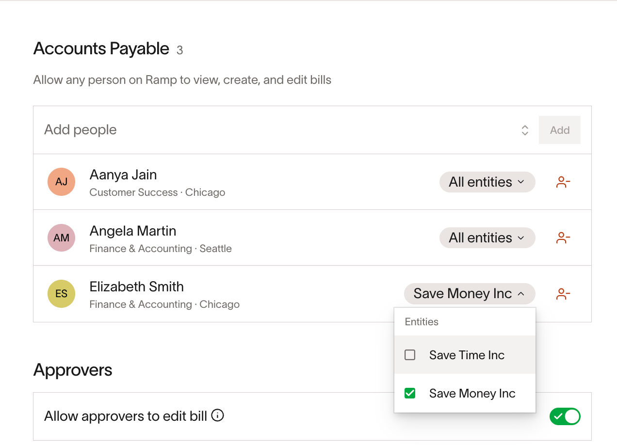 Accounts Payable list with an entity dropdown open on a user, showing Save Time Inc unchecked and Save Money Inc checked