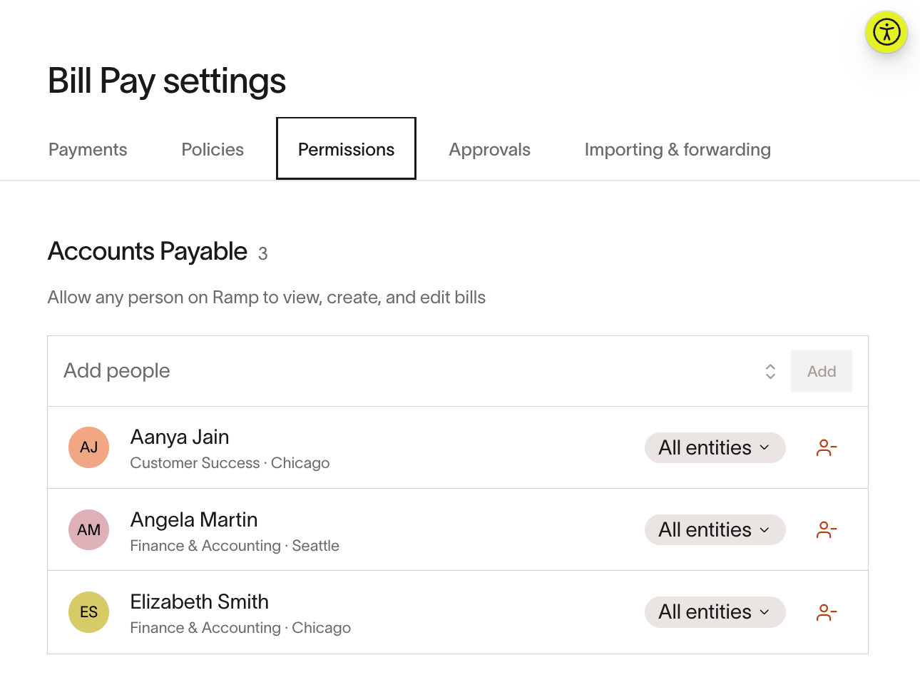 Bill Pay settings with the Permissions tab highlighted, showing the Accounts Payable list with three assigned users, each with an All entities dropdown