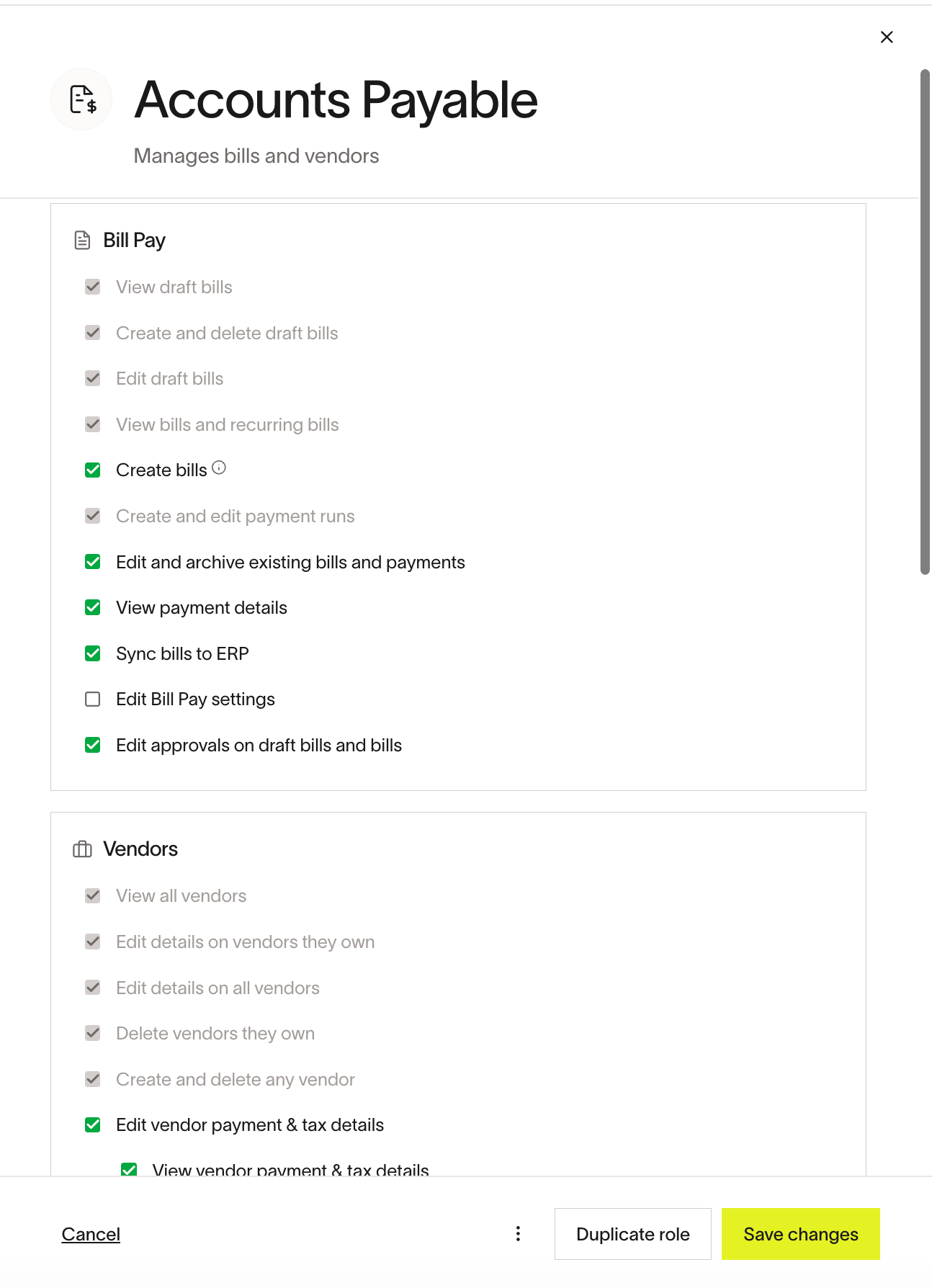 Accounts Payable role permissions editor showing Bill Pay and Vendor permissions with checkboxes