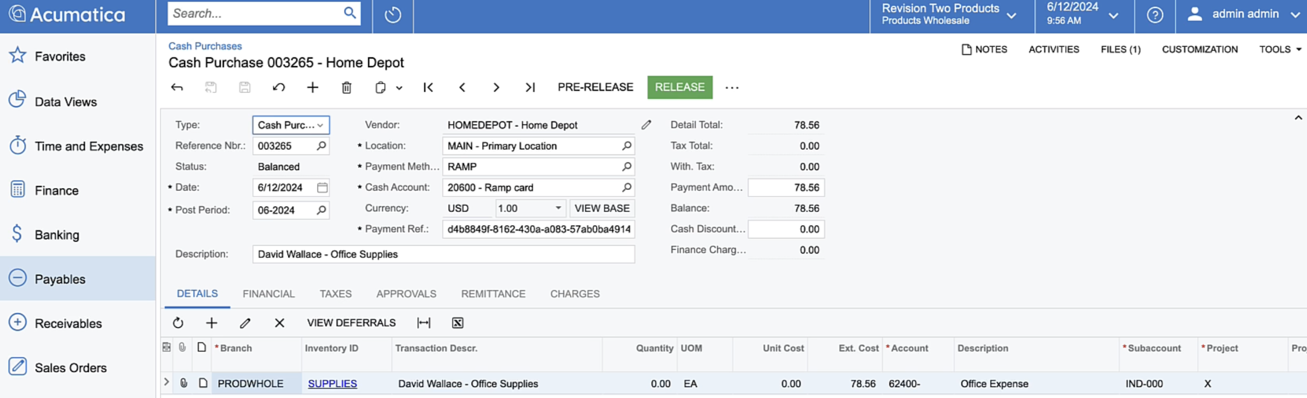Acumatica Cash Purchase form showing a synced Ramp card transaction