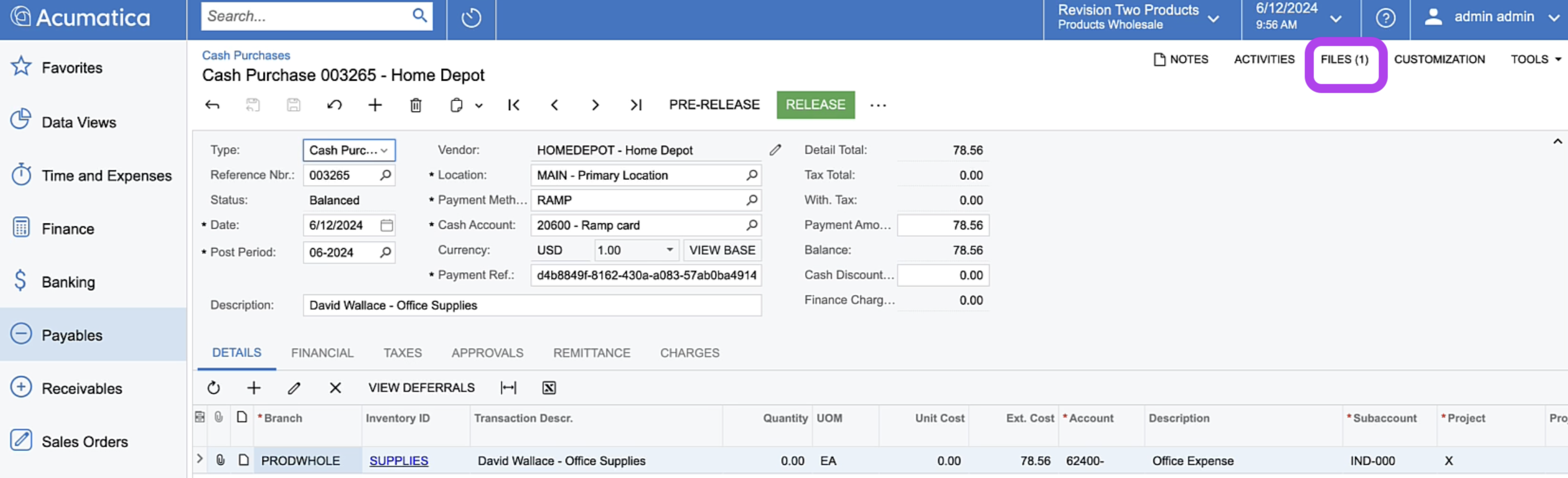 Acumatica Cash Purchase form with Files tab highlighted for receipt attachments