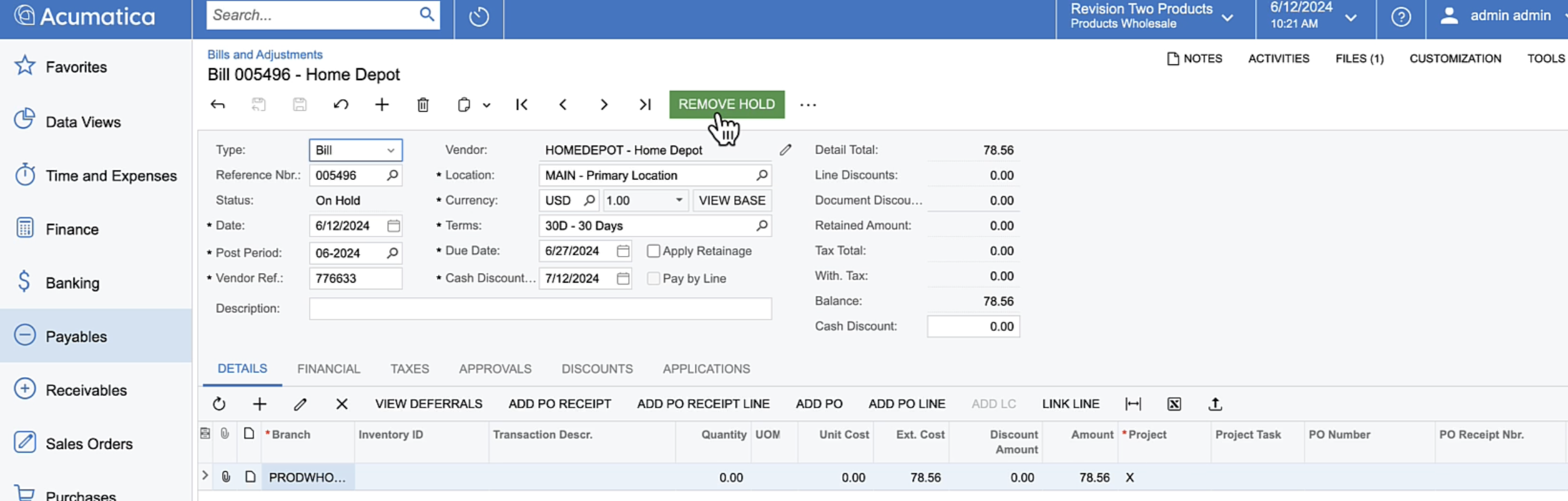 Acumatica Bill form showing a synced Ramp bill