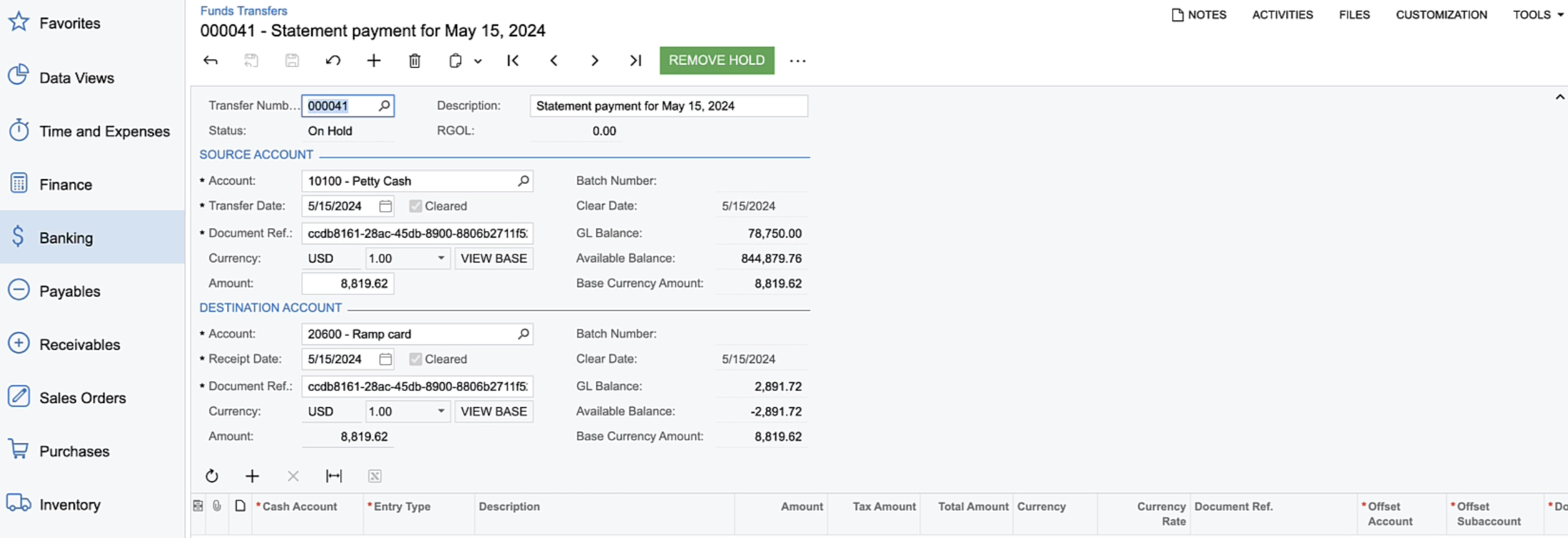 Acumatica Fund Transfer showing a synced Ramp statement payment