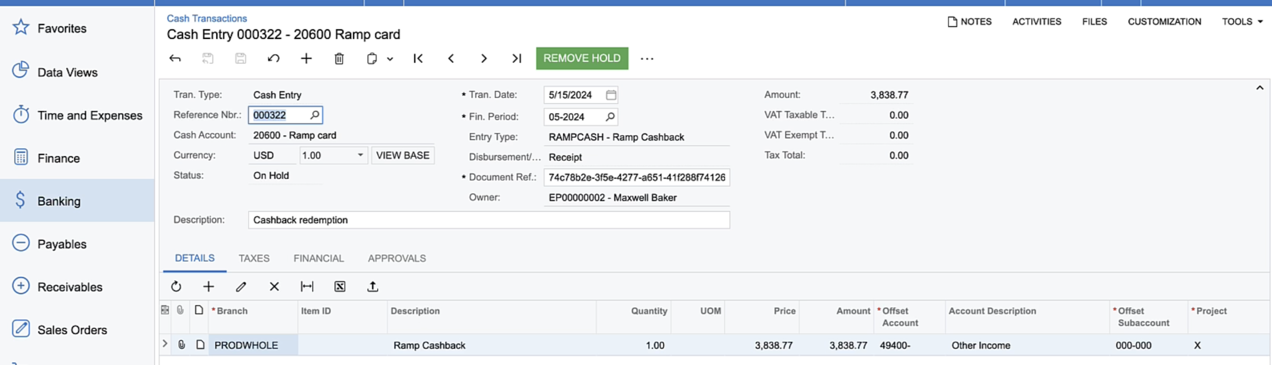 Acumatica Cash Transaction showing a synced Ramp cashback redemption
