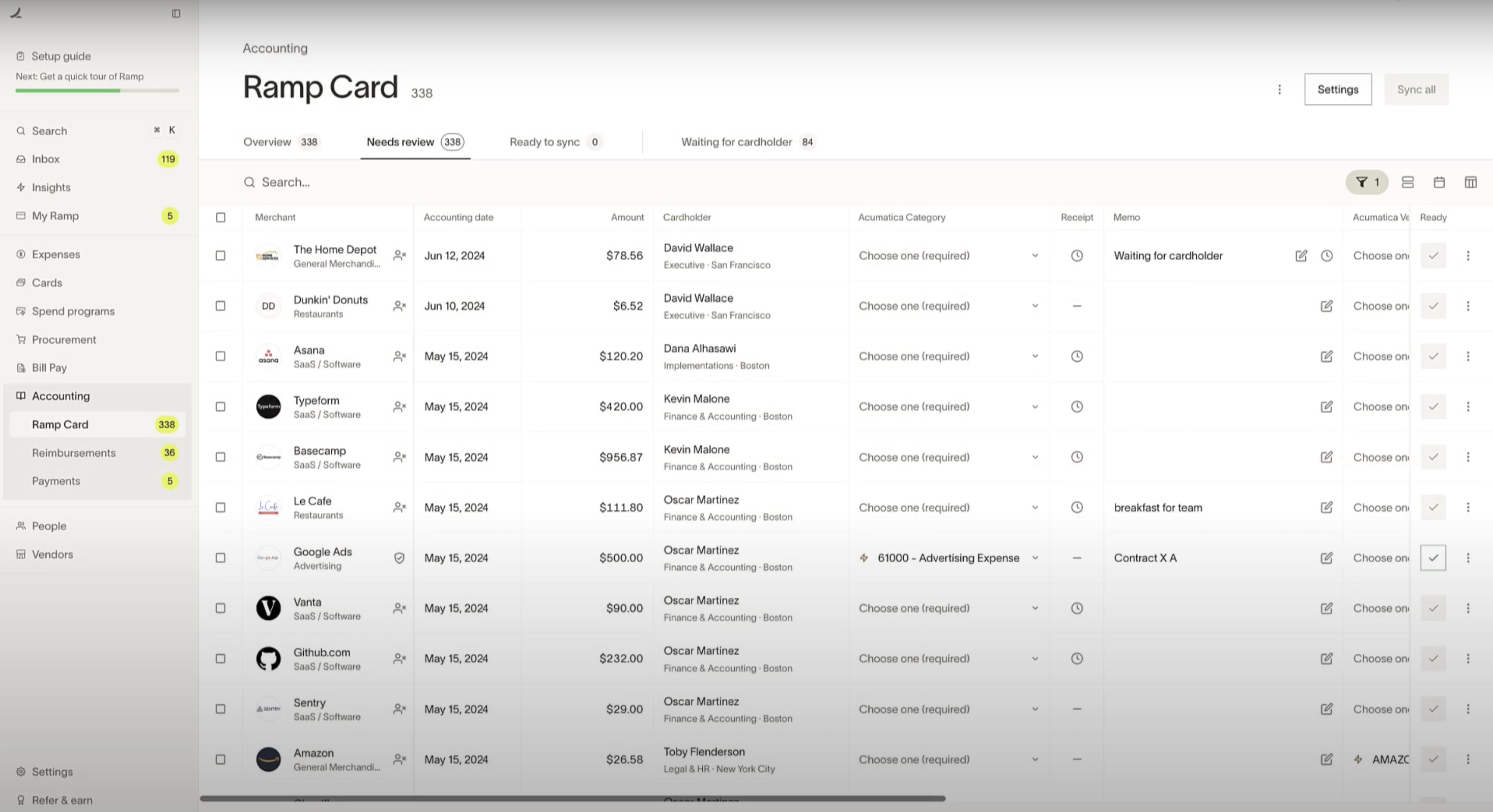 Ramp Accounting page showing Ramp Card transactions with Acumatica connected