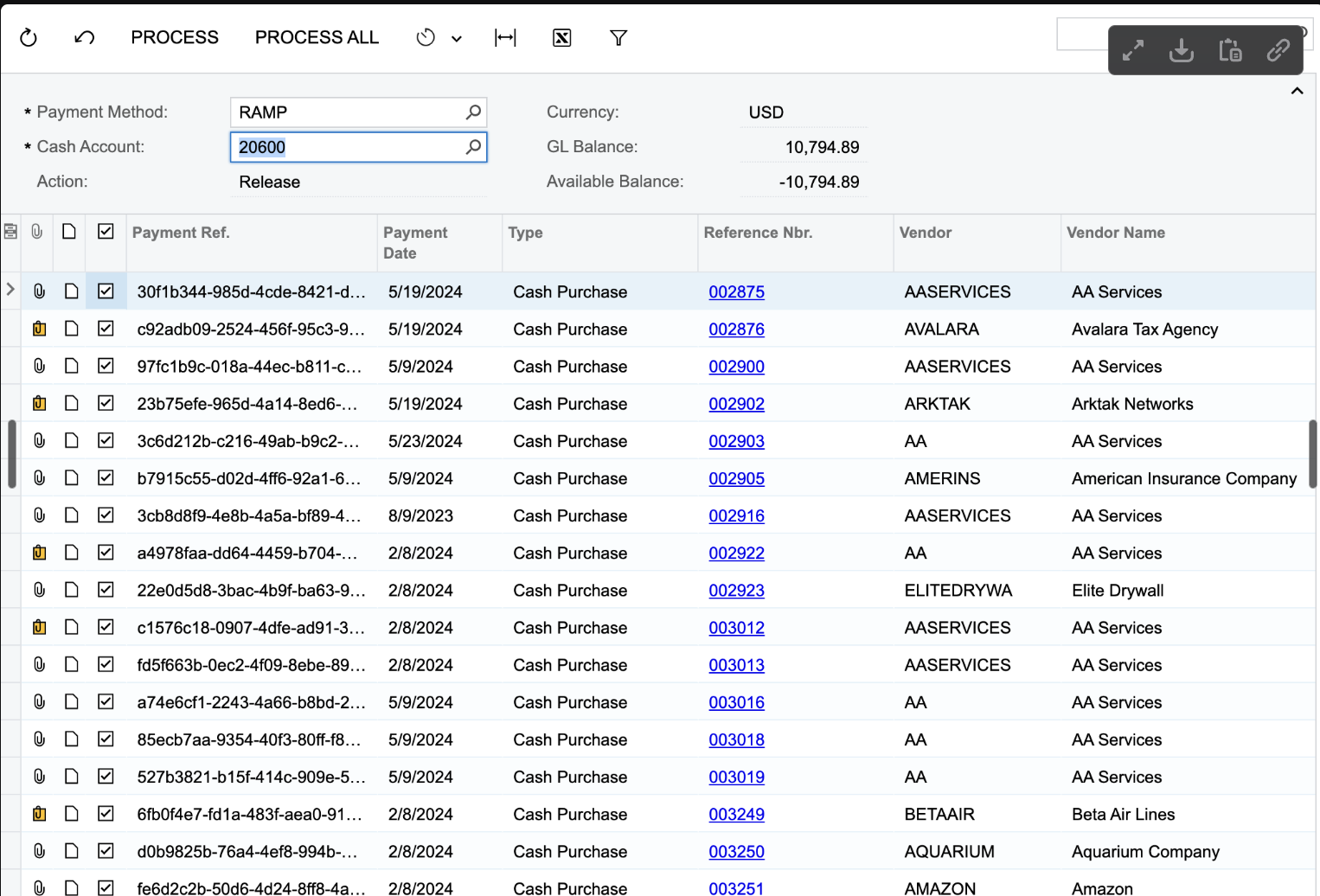 Acumatica Release Payments screen with Ramp payment method selected