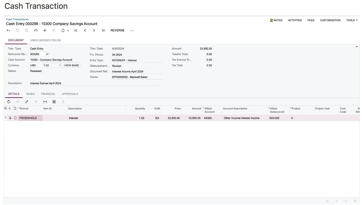 Acumatica Cash Transaction showing a synced Ramp Banking interest income entry