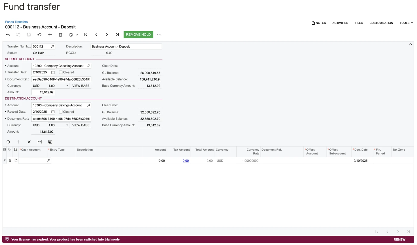 Acumatica Fund Transfer showing a synced Ramp Checking Account deposit