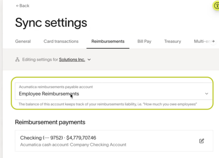 Ramp Sync settings Reimbursements tab with payable account selected