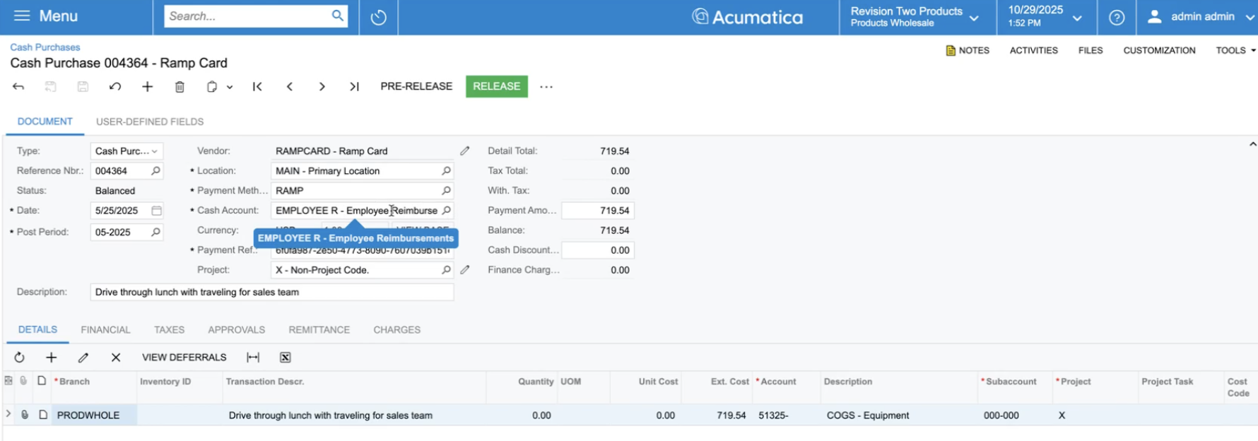 Acumatica Cash Purchase showing a synced reimbursement with payable account