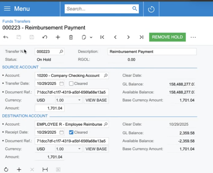Acumatica Funds Transfer showing a synced reimbursement payment