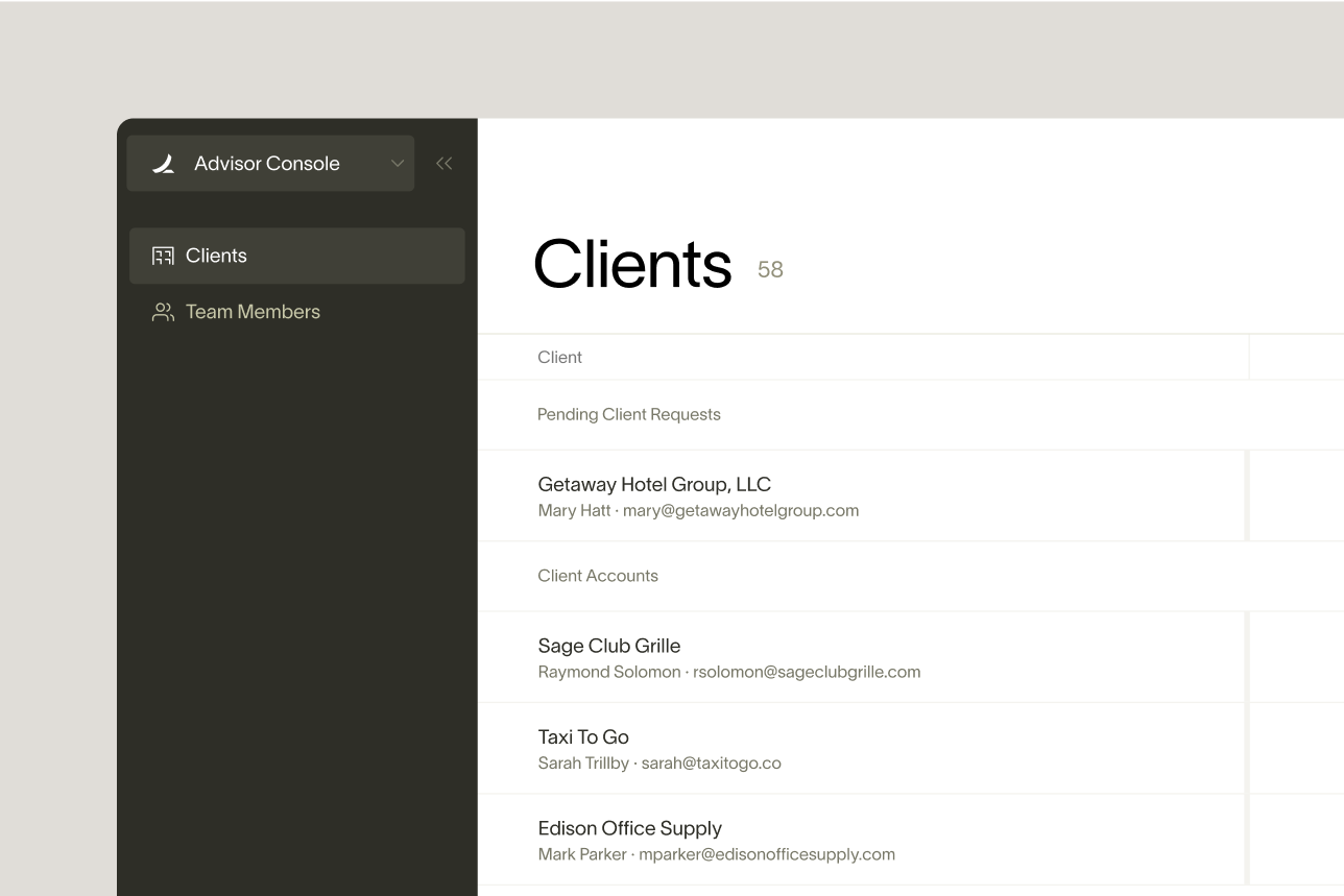 Advisor Console Clients page showing client list with pending requests and connected accounts