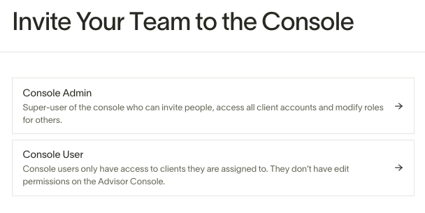 Invite Your Team dialog showing Console Admin and Console User role options