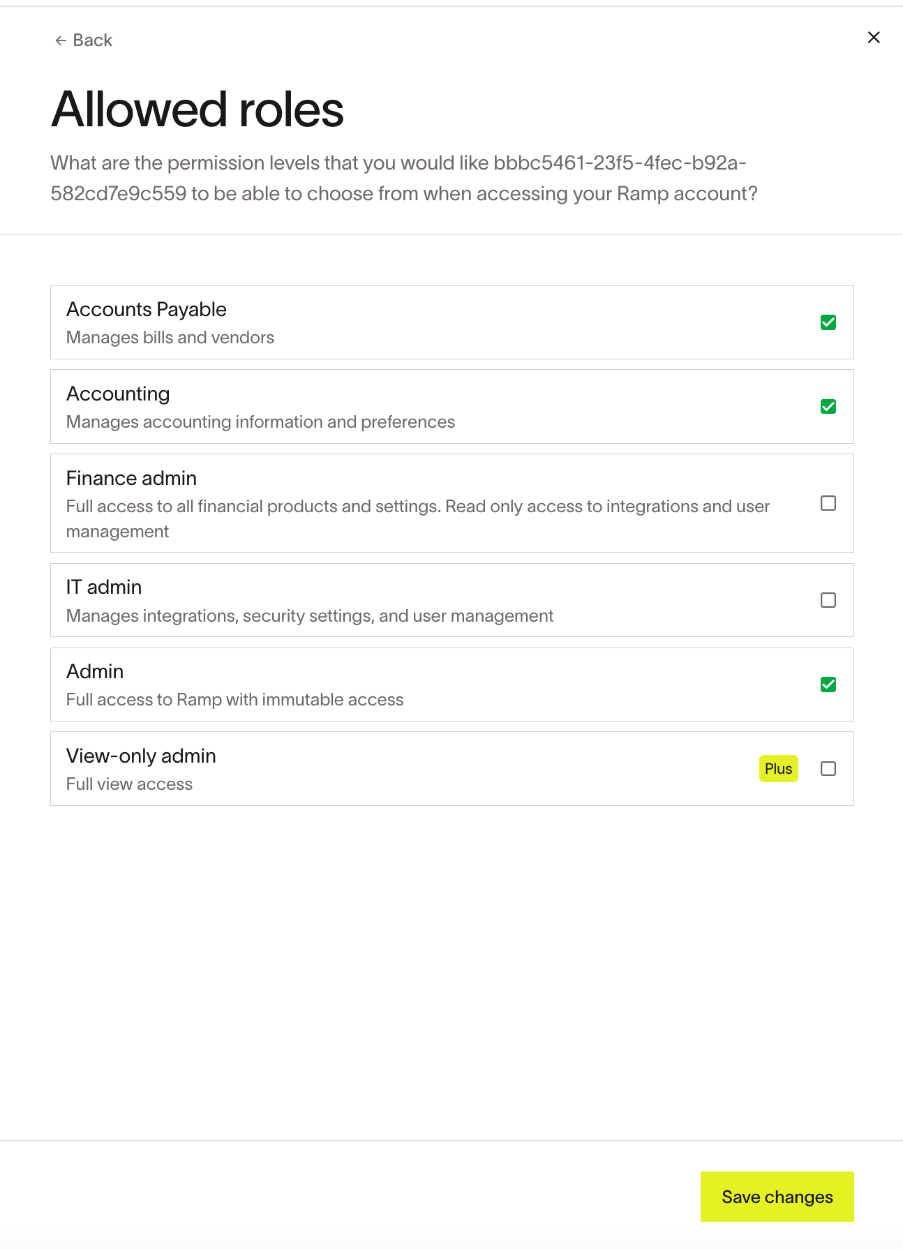Allowed roles dialog showing Accounts Payable, Accounting, Finance admin, IT admin, Admin, and View-only admin role options with checkboxes