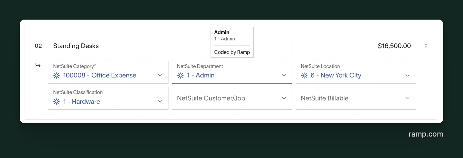 Bill line item with AI-auto-coded accounting fields including category, department, and location