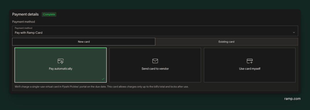 Card payment options showing Pay automatically, Send card to vendor, and Use card myself