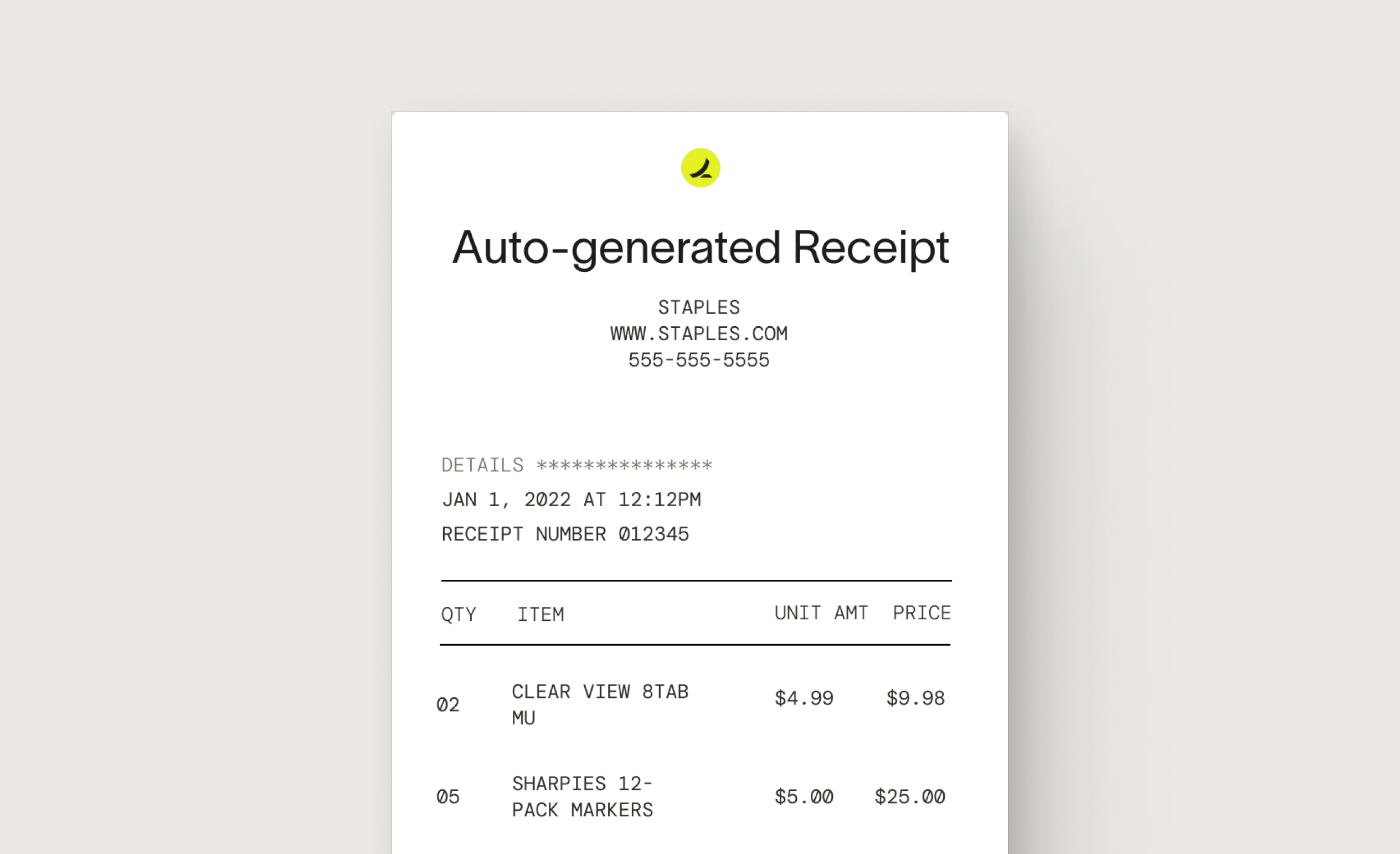 Auto-generated receipt from Staples showing itemized line items with quantities and prices