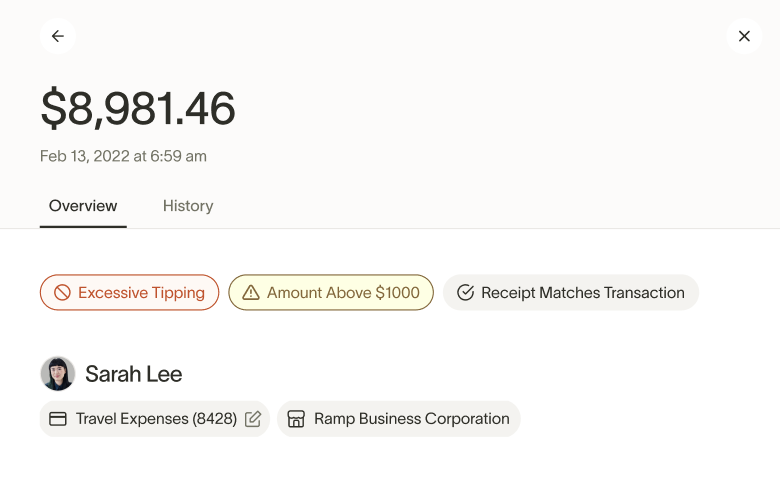 Transaction drawer showing Excessive Tipping and Amount Above $1000 policy flag badges