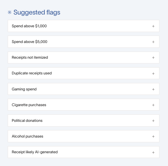 Suggested flags list including Spend above $1,000, Receipts not itemized, and Duplicate receipts used