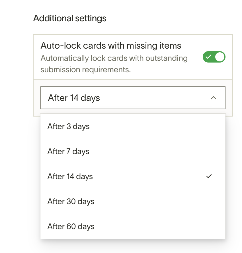 Additional settings allow auto-locking of cards with missing items after a selected timeframe, showing options from 3 to 6...
