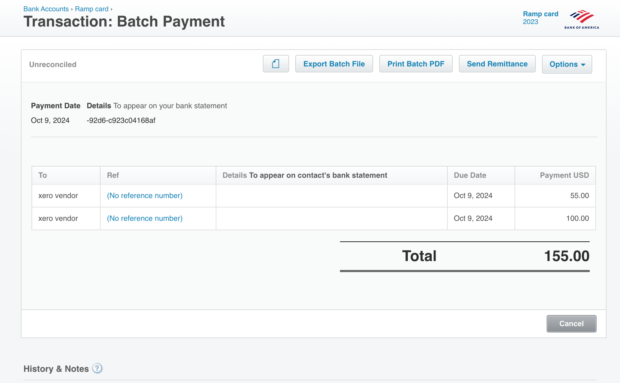 Xero batch payment transaction showing two bills totaling $155 paid to a single vendor