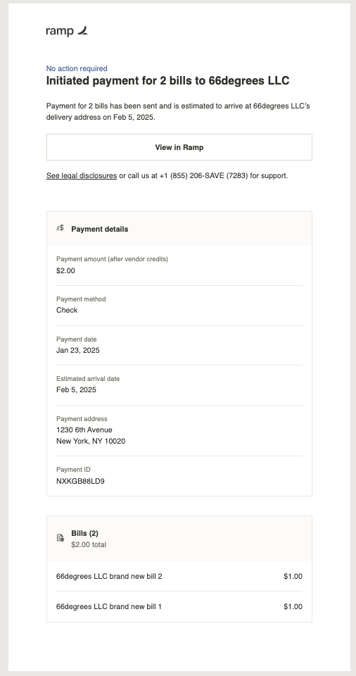 Batch payment initiation email to bill creator showing payment details and included bills