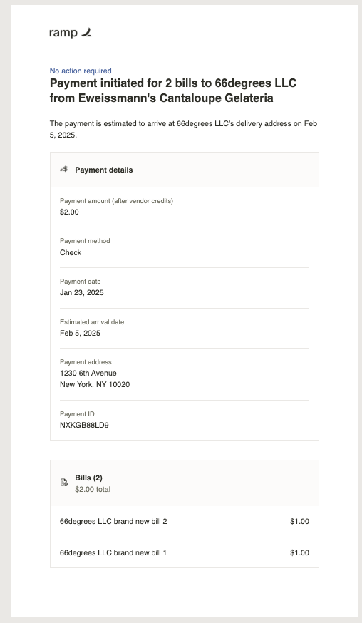 Batch payment initiation email to vendor showing payment details and included bills