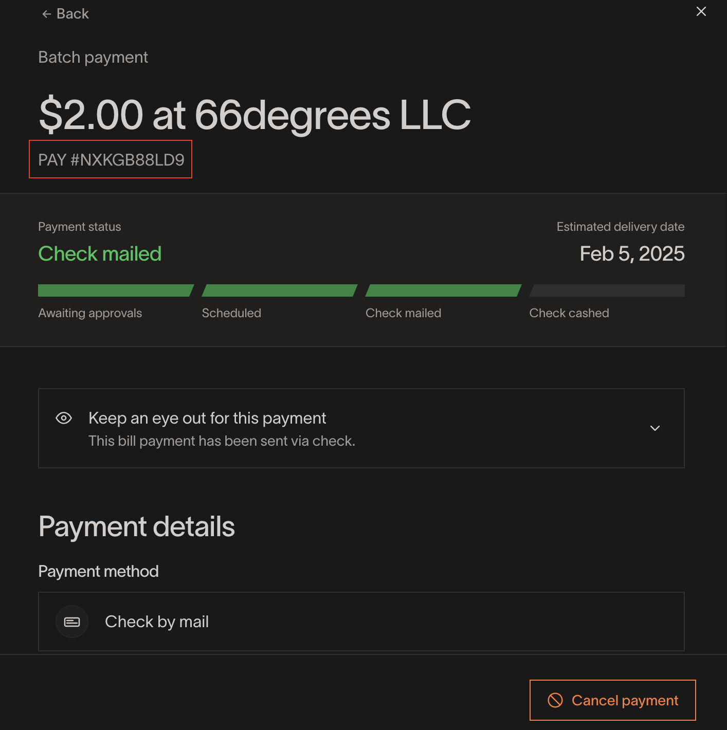 Batch payment drawer showing Payment ID, check mailed status, and payment method details