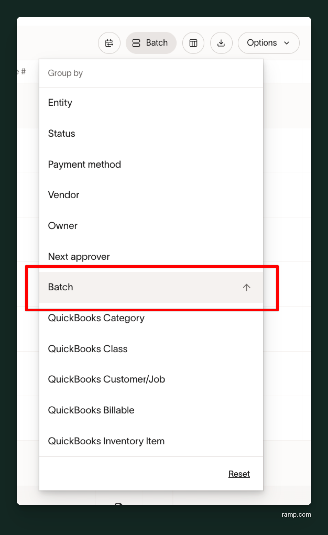 Group by dropdown menu in Bill Pay table with Batch option highlighted