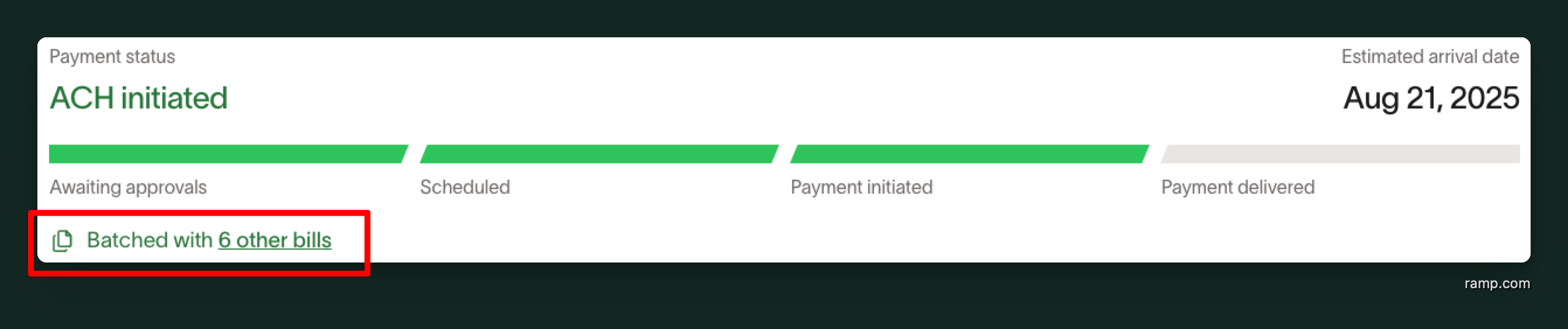 Bill payment status bar showing ACH initiated with link to 6 other batched bills