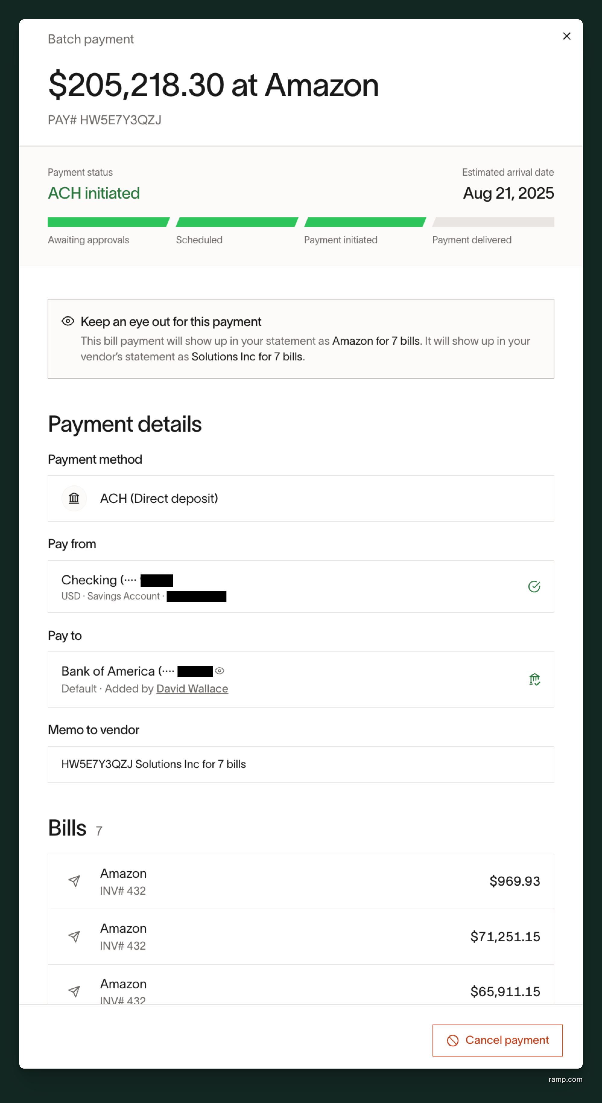 Batch payment drawer showing total amount, payment details, and list of bills in the batch