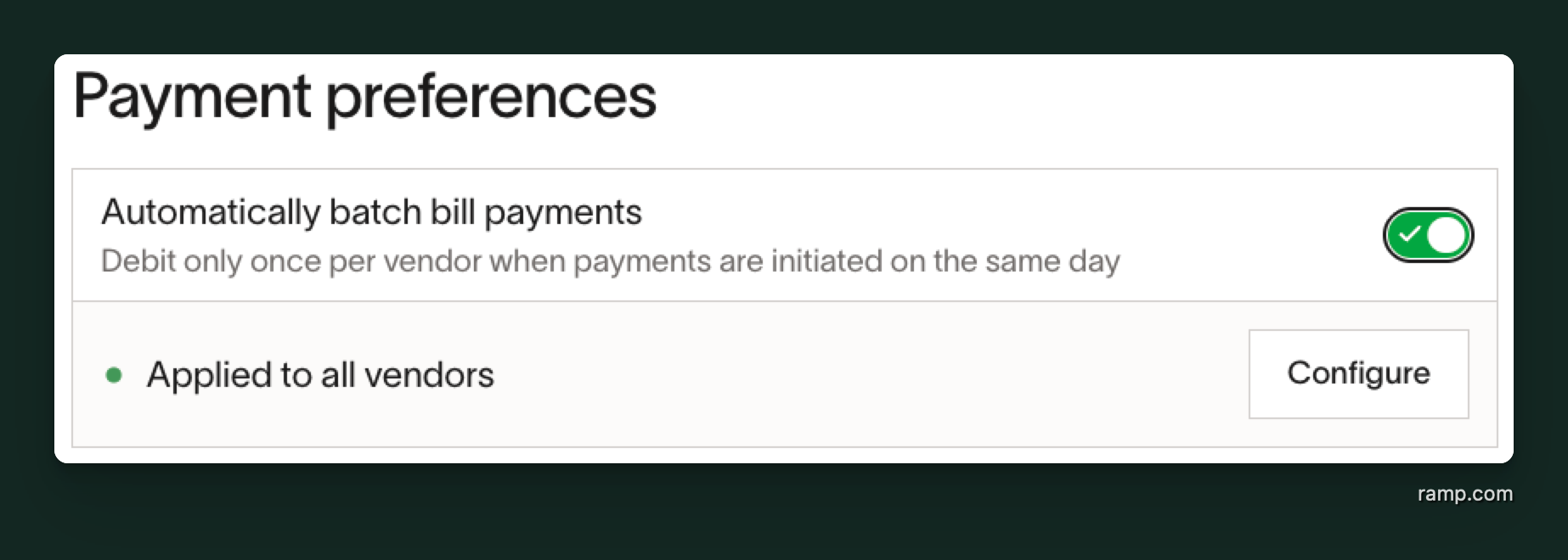 Bill Pay settings with auto-batch bill payments toggle enabled and applied to all vendors