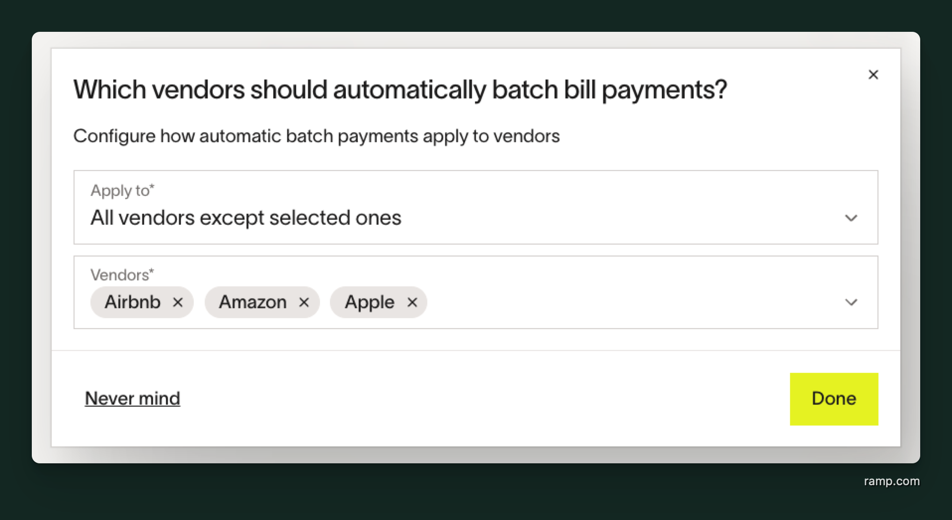 Vendor filter dialog for auto-batching with option to exclude specific vendors