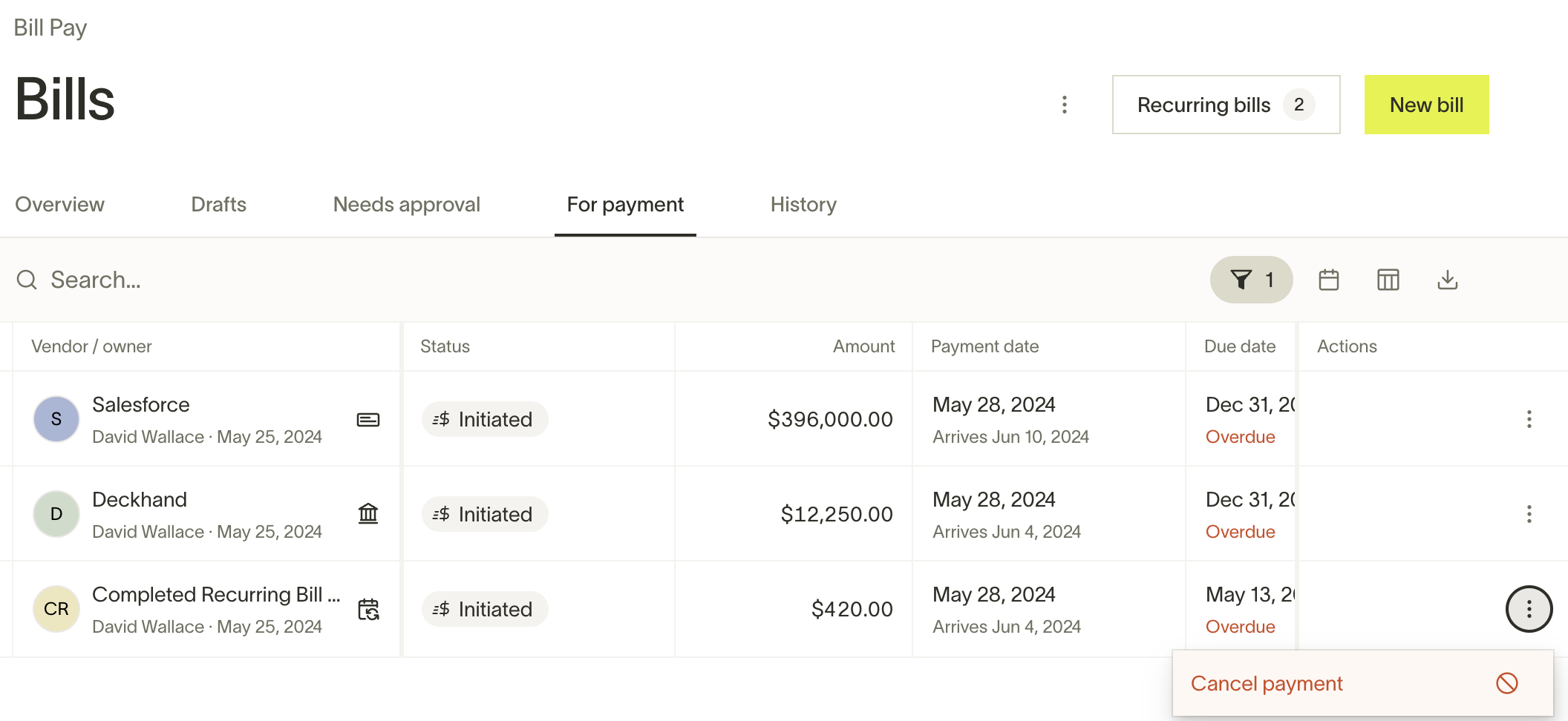 Bill actions menu with the cancel bill option
