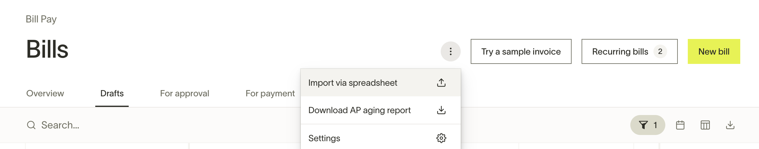 Bills page showing the bulk upload option